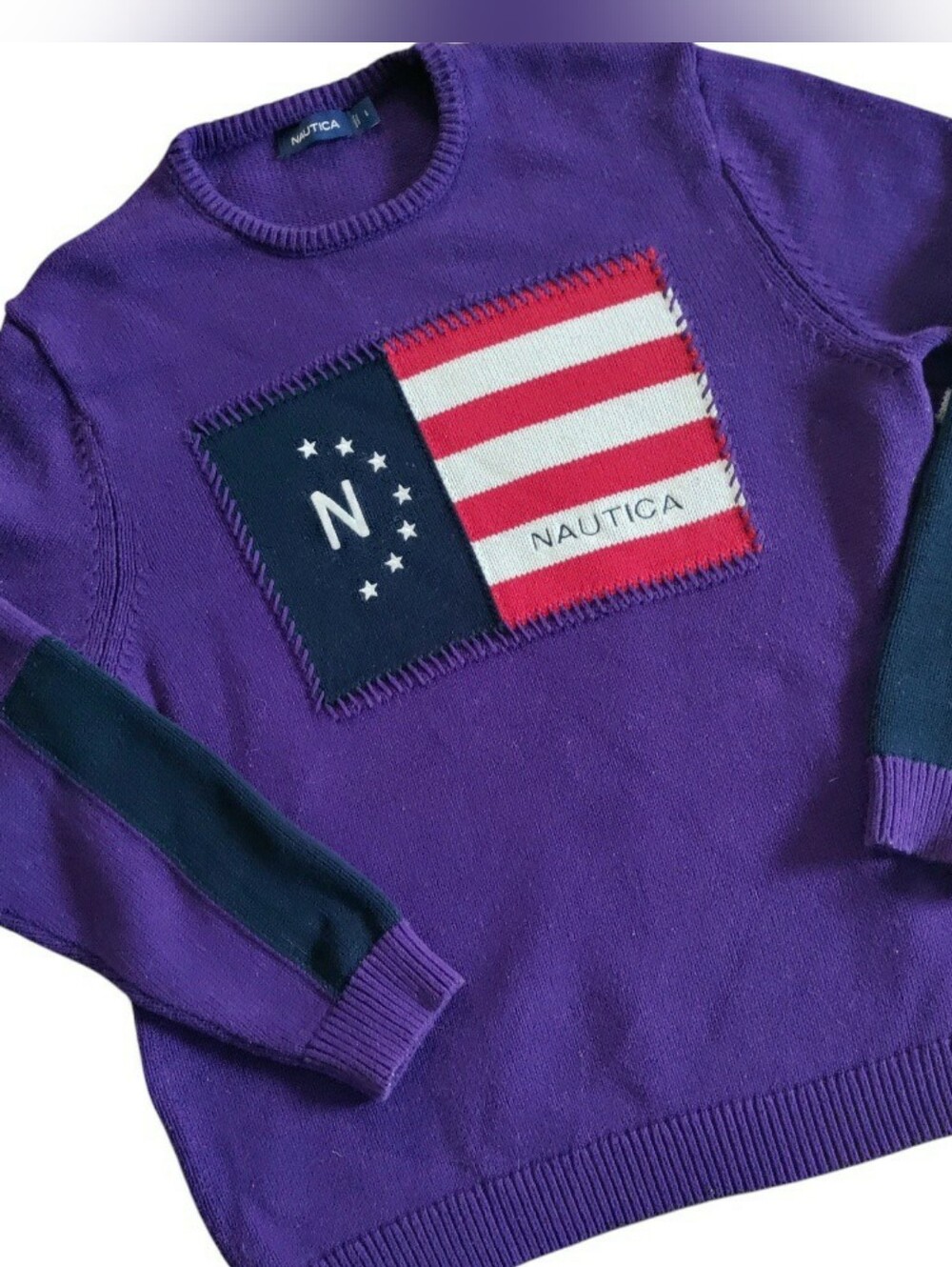 Y2K Nautica Knitted Flag Sweater Logo USA Collegiate Preppy Crew
